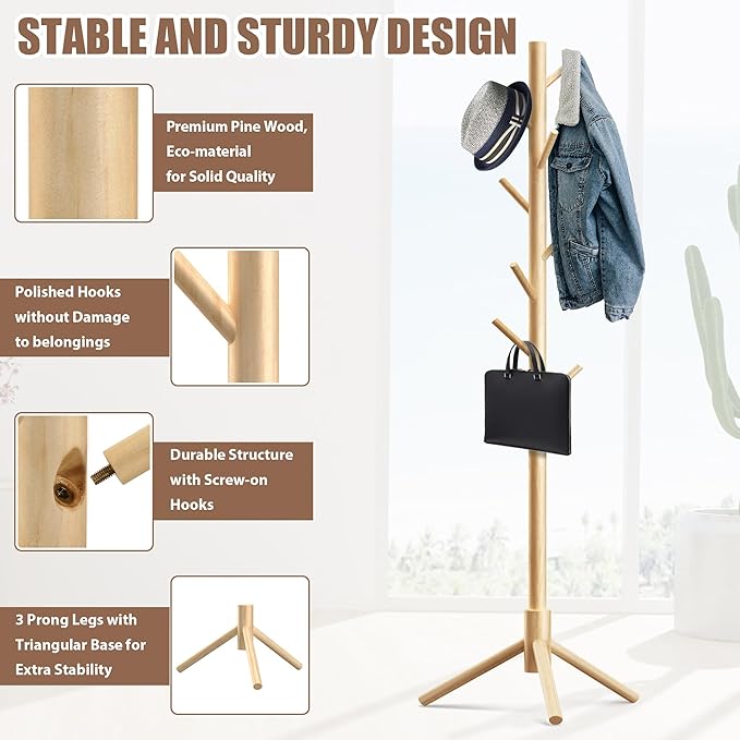 Wooden Coat Rack Stand with 8 Hooks 5 Wooden Coat Rack Stand with 8 Hooks 5