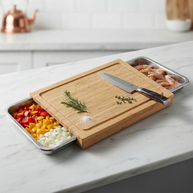Bamboo Cutting Board With Stainless Steel Tray Bamboo Cutting Board With Stainless Steel Tray